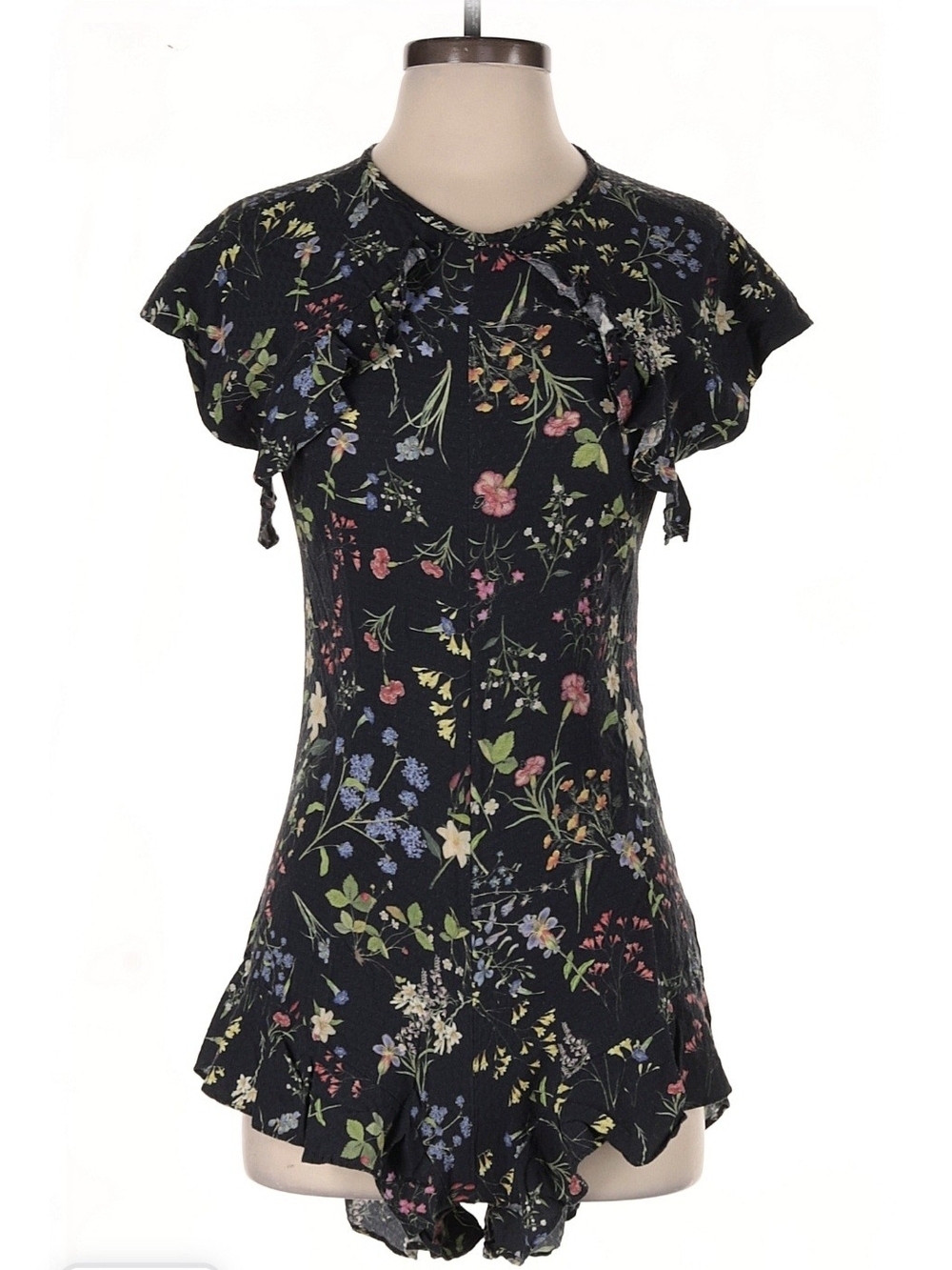 FARM Rio Black Floral Ruffle-Sleeve Romper